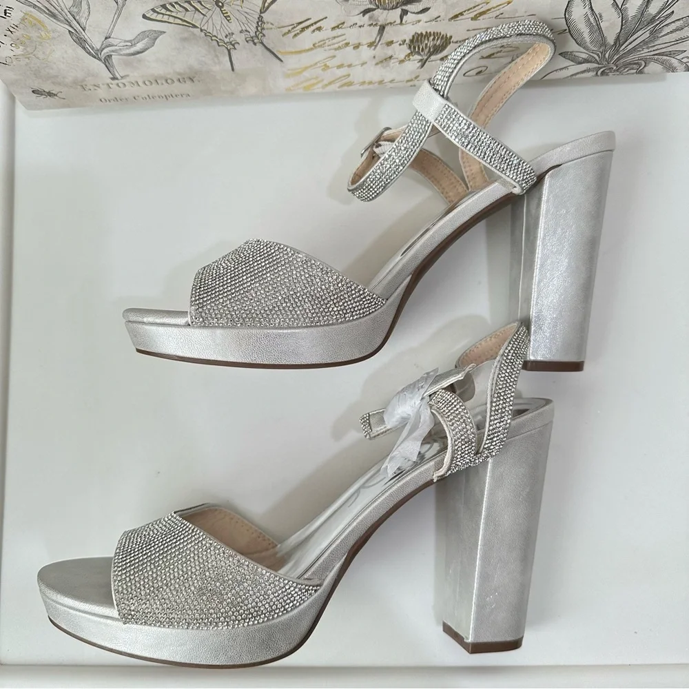 Sugar Prislla 2 Sling Back Open Toe Rhinestone Platform Heels Silver Size 9.5